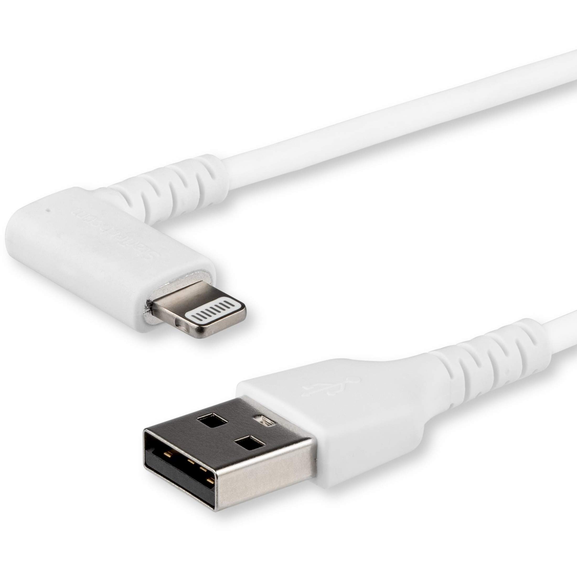 StarTech.com 1m USB A to Lightning Cable - Durable 90 Degree Right Angled White USB Type A to Lightning Connector Sync & Charger Cord w/Aramid Fiber Apple MFI Certified iPad iPhone 11 (RUSBLTMM1MWR)