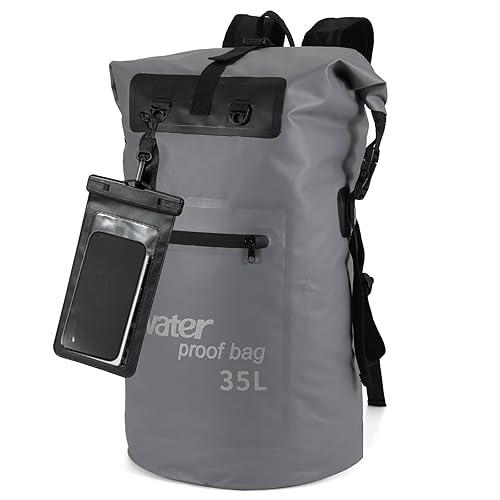 WELDUN Waterproof Backpack 35L/50L Dry Bag, Rolltop Bag Dry Bag Rucksack with IPX8 Phone Case, for Boating, Kayaking, Hiking, Camping, Fishing, Rafting, 35L Gray