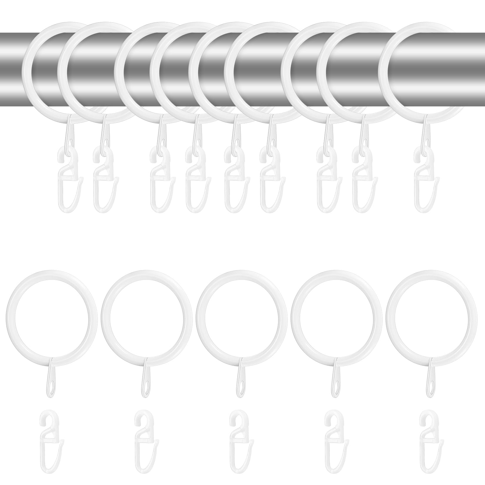 24 Sets White Metal Curtain Rings and Hooks, 30mm Curtain Hooks and Rings, 24 Metal Drapery Hanging Ring & 24 Plastic Curtains Hook, Sliding Eyelet Ring for Curtains Rods Poles