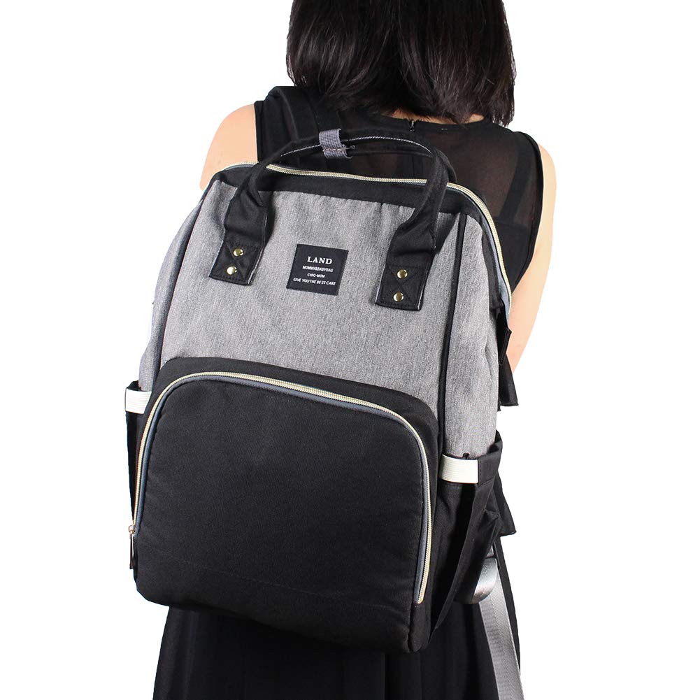 Landuo Diaper Bag Multi-Function Waterproof Travel Backpack Large Nappy Bags for Baby Care, Large Capacity, Stylish and Unisex (Grey-Black)