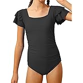 ZEMOQ Girls Swimsuit Ruffle Strap One Piece Bathing Suit for Girls Square Neck Ruched Padded Swimwear 11-16Y