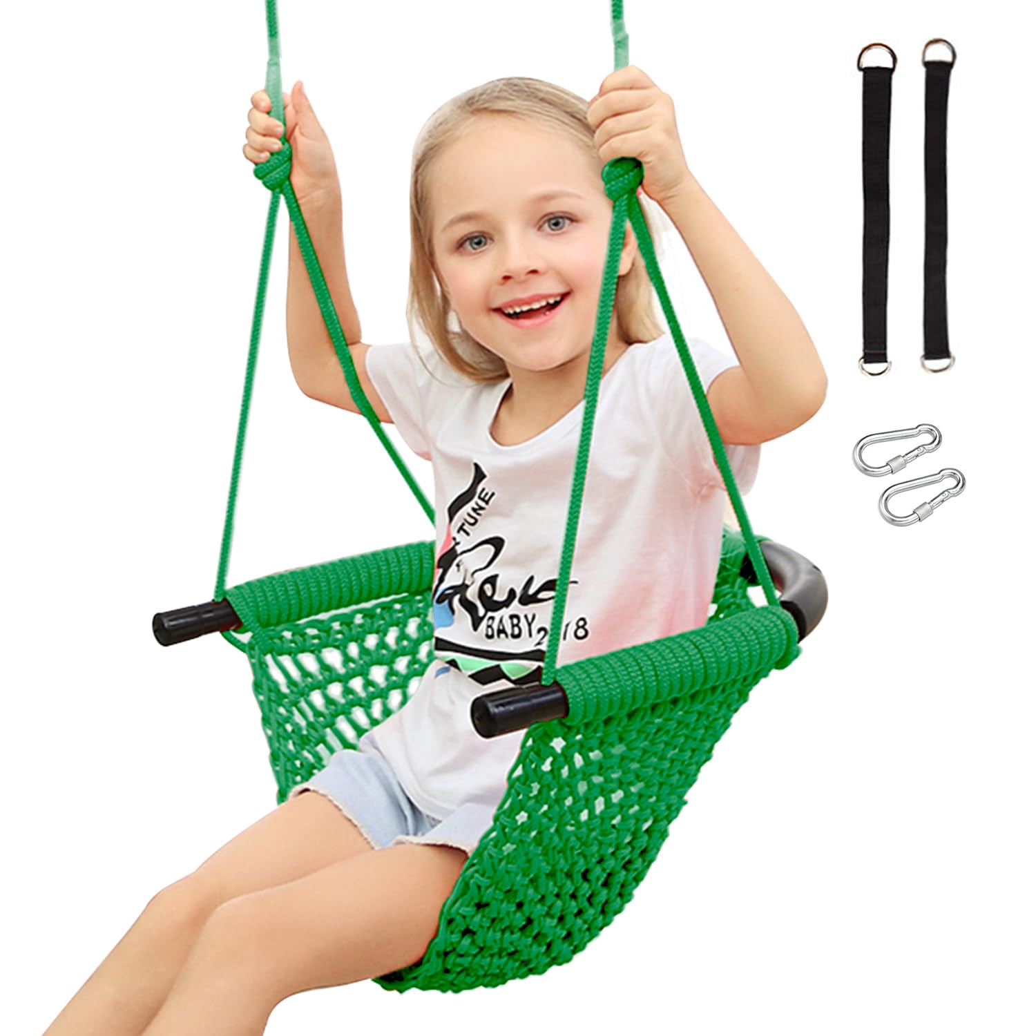 Photo 1 of RedSwing Toddler Swing, Swing Seat for Kids with Heavy Duty Adjustable Ropes, Hand-Knitting Secure Children Swing Set for Indoor Porch, Outdoor Playground, Backyard, Tree, Green
