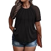 RITERA Plus Size Tops for Women Crewneck Short Sleeve Lace Flower Pleated Front Tshirt Casual Summer Blouse XL-5XL