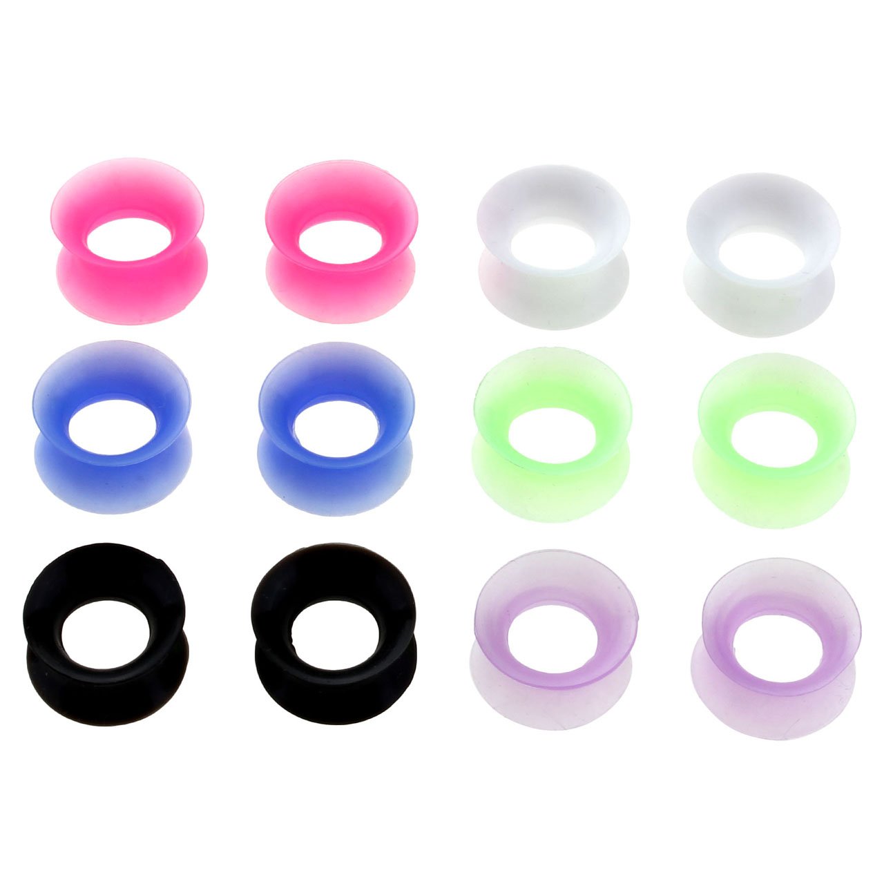 PiercingJak 12pcs Ultra Thin Silicone Double Flared Flexible Tunnel Ear Stretching Saddle Plugs Gauge Kit - 6 Pairs