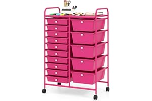 GLACER 15 Drawers Rolling Cart, Storage Cart with w/Removable Drawers & Steel Frame, Multipurpose Organizer Cart w/Sleek Handle, Utility Cart on Lockable Wheels for Home, School, Office (Hot Pink)