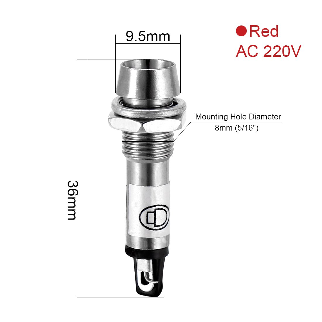 sourcing map Indicator Light AC 220V, Red, Metal Shell Panel Mount 5/16" 8mm 6Pcs - Image 3