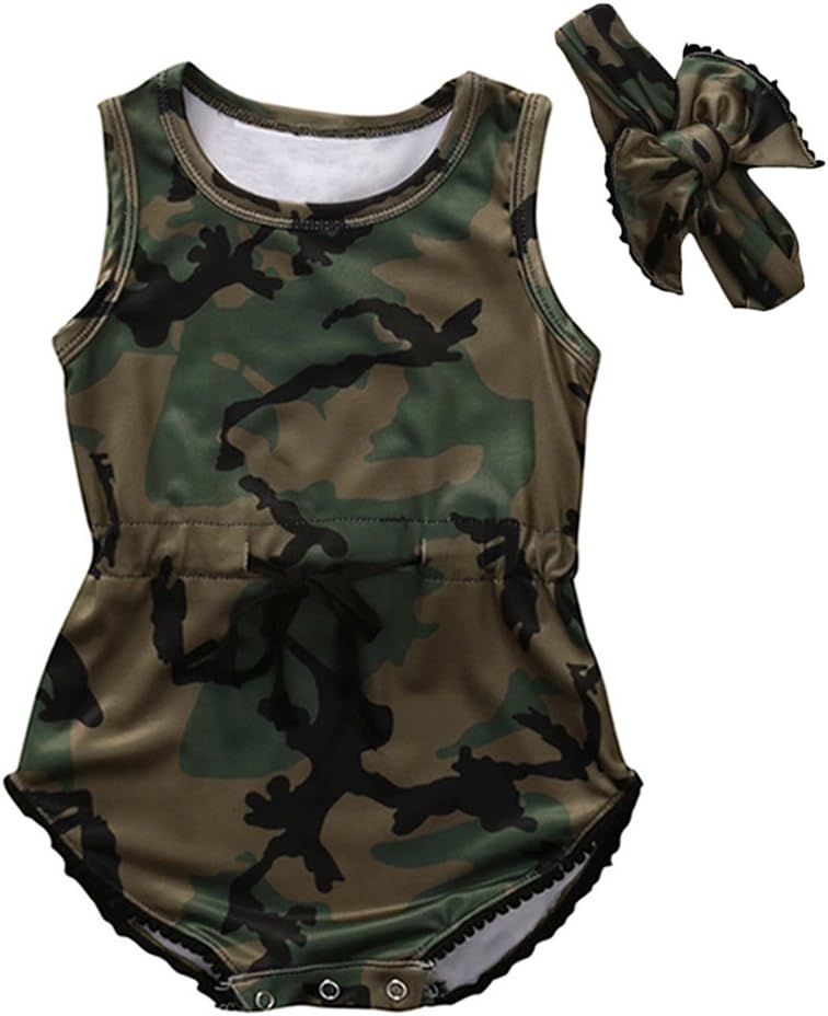 HBER 0-24M Baby Toddler Boys Girls Camo Romper Summer Clothes Tank Top Jumpsuit Outfits with Headband