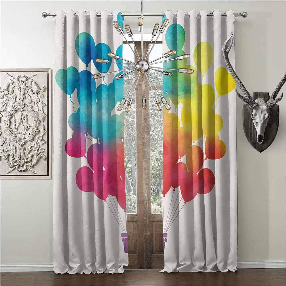 pattern Design Shade curtains , Watercolor, curtain for sitting-room, Hot Air Balloon Rainbow Colors Cute Heart Shapes Cheerful Happy, W108 x L84 Inch, Sky Blue Yellow Pink Red, grommets sunshade,