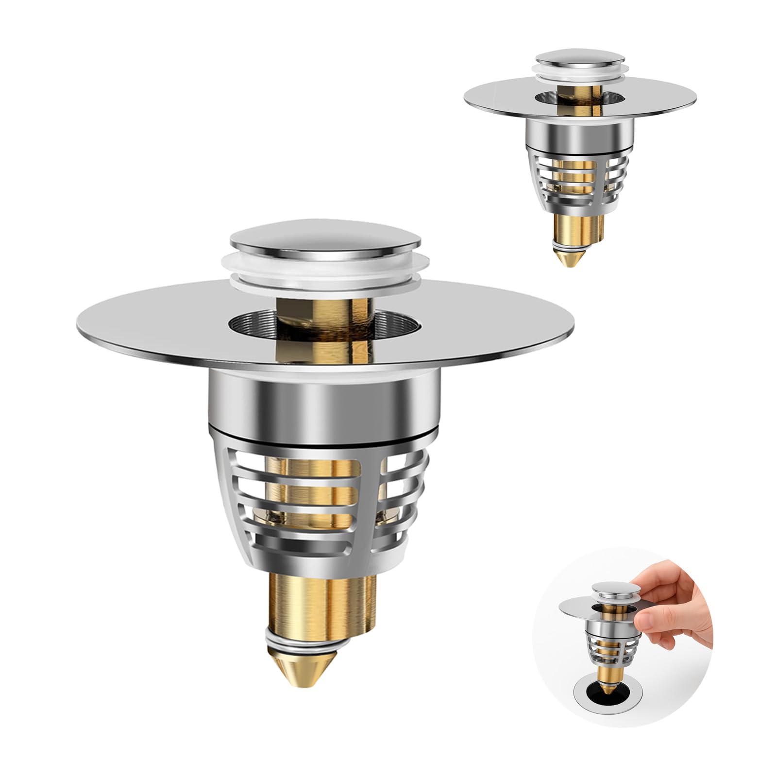 Photo 1 of (2-Pack) Universal Bathroom Sink Stopper with Anti-Clog Basket Filter, Fit for 1.1"-1.6" Drain Holes, Sink Pop Up Stopper, Washbasin Drain Stopper, Tool-Free Installation