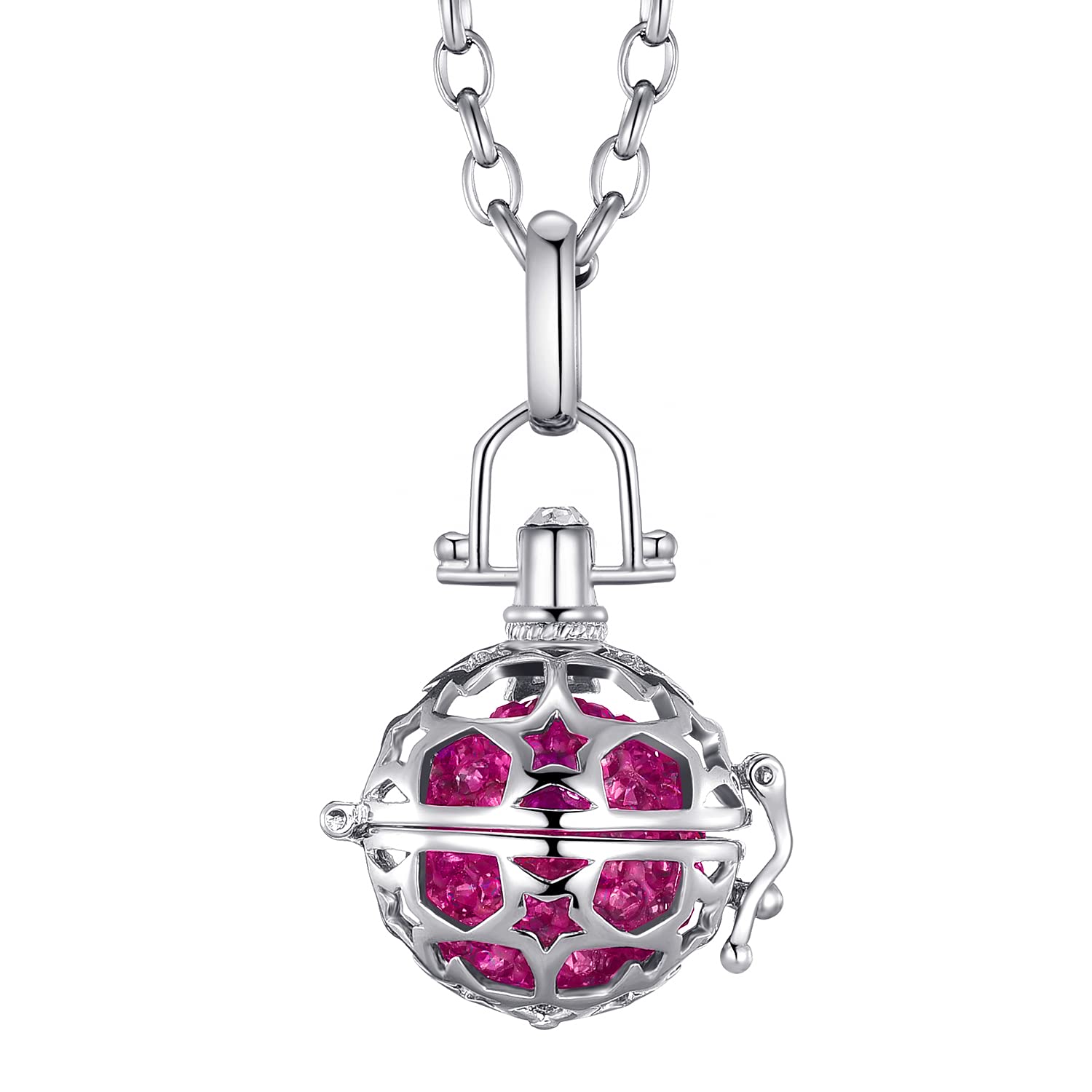 Morella Women Necklace Stainless Steel 70 cm 27,5" with Stars Pendant with Sound Ball Zirkonia Pink Ø 16 mm 0,63" in a Velvet Jewelry Bag