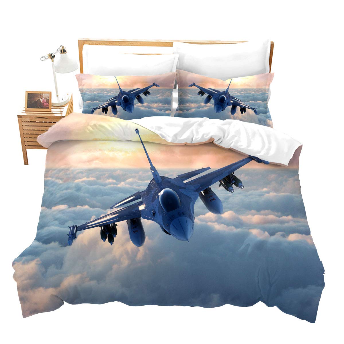 Loussiesd Plane Flying Bedspread Super KIng For Kids Child Teens Men Tower Pattern Decor Airplane Print Comforter Cover With 2 Pillowcases Soft Microfiber Zipper Hot Air Balloon 3 Pcs