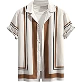 OYOANGLE Men's Striped Print Button Down Shirts Short Sleeve Collared Neck Shirts Top