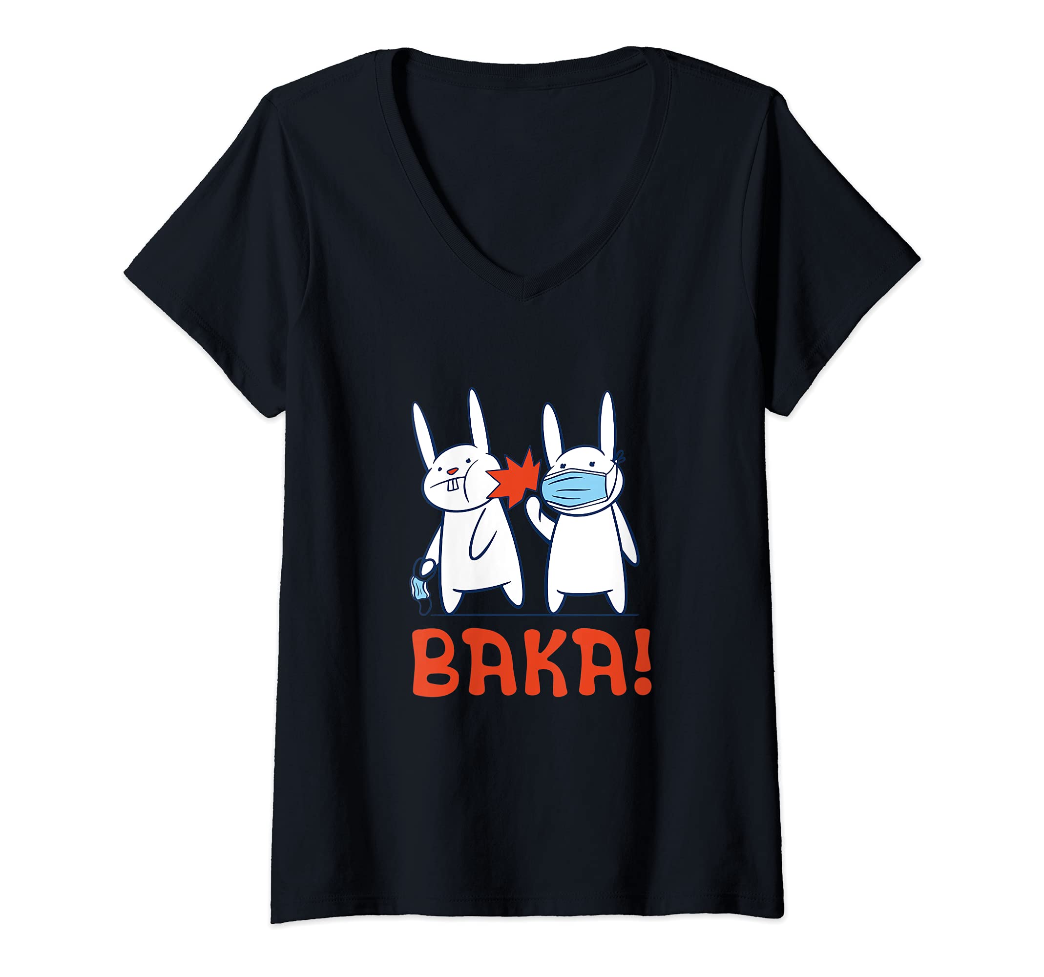 Womens Baka Rabbit Slap Face Mask - Baka Japanese V-Neck T-Shirt