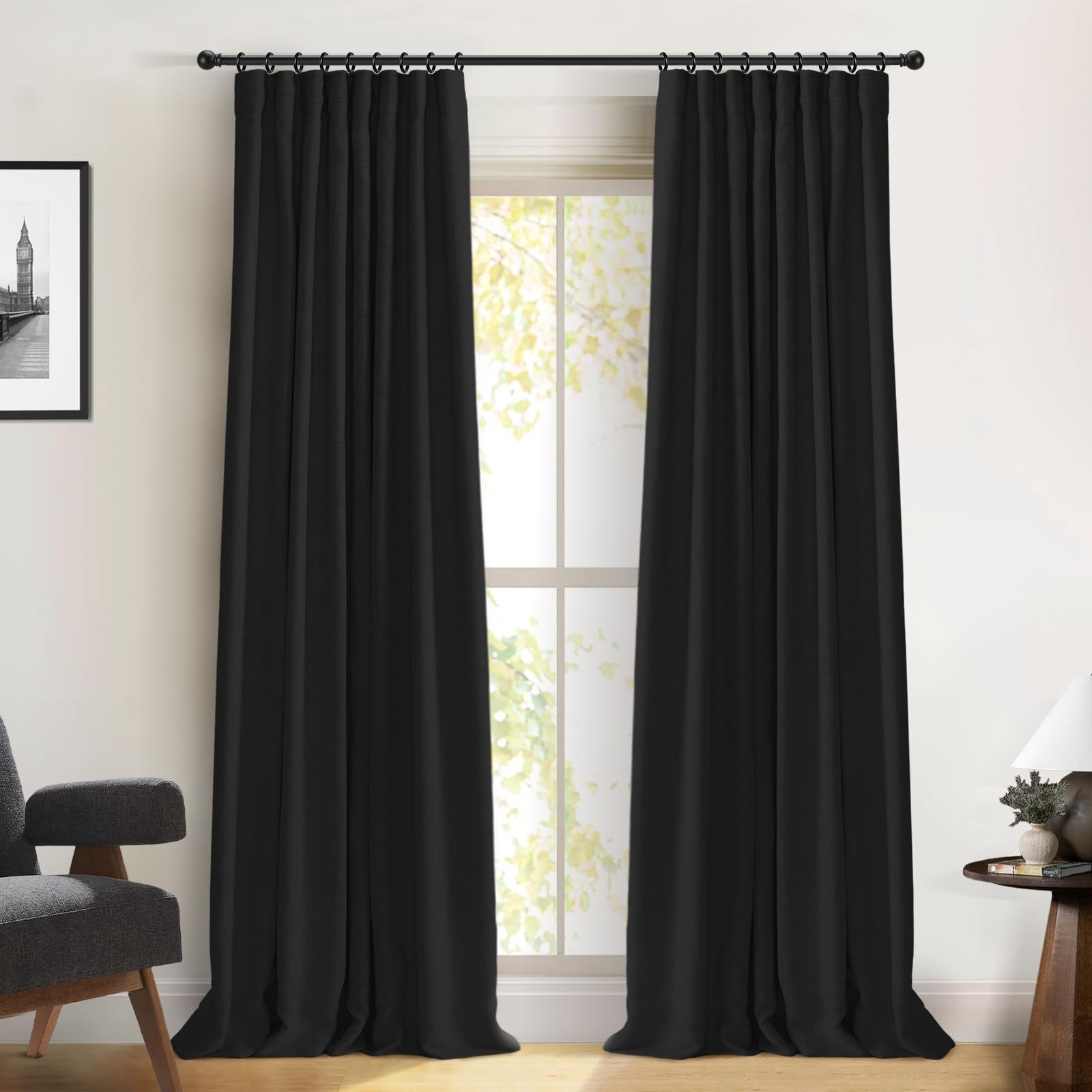 100% Blackout Shield Full Blackout Curtains for Bedroom 120 inch Length 2 Panels Set, Clip Rings/Rod Pocket Faux Linen Black Out Curtains for Living Room, Thermal Insulated, 50Wx120L, Black Image