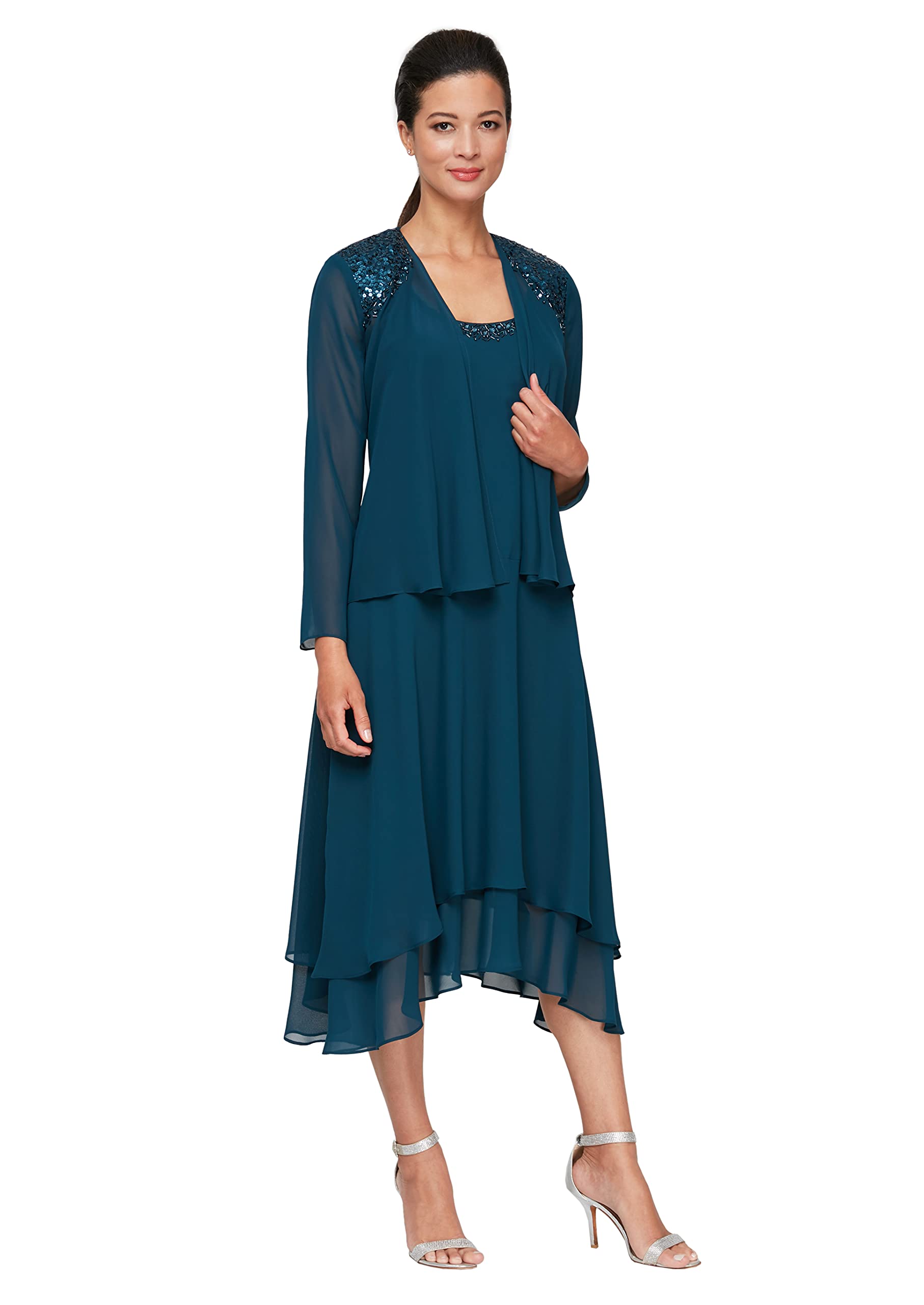 S.L. Fashions Women’s Mother of The Bride Dress with Embellished Neckline & Shoulder, Wedding Guest (Petite and Regular Sizes), Mid Teal, 10P