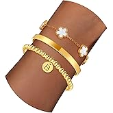 Gold Bracelets Stackable Set for Women Dainty Initial Bracelet 18k Gold Plated Clover Bracelet Non Tarnish Cuff Bracelet Letter A-Z Beaded Bracelet Hypoallergenic