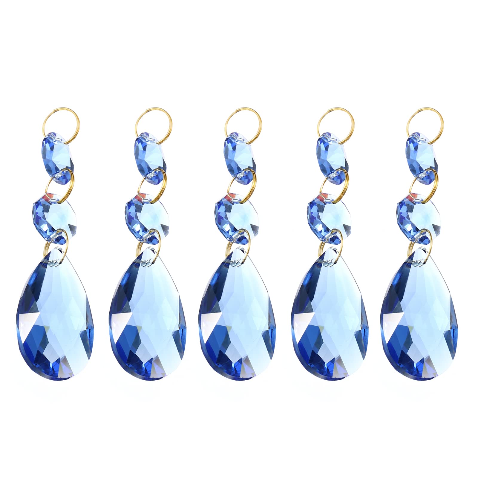 PATIKIL Clear Crystal Teardrop, 5 Pack 38mm Chandelier Prisms Parts Hanging Beads with 14mm Octagonal Bead for Chandeliers Decoration, Light Blue