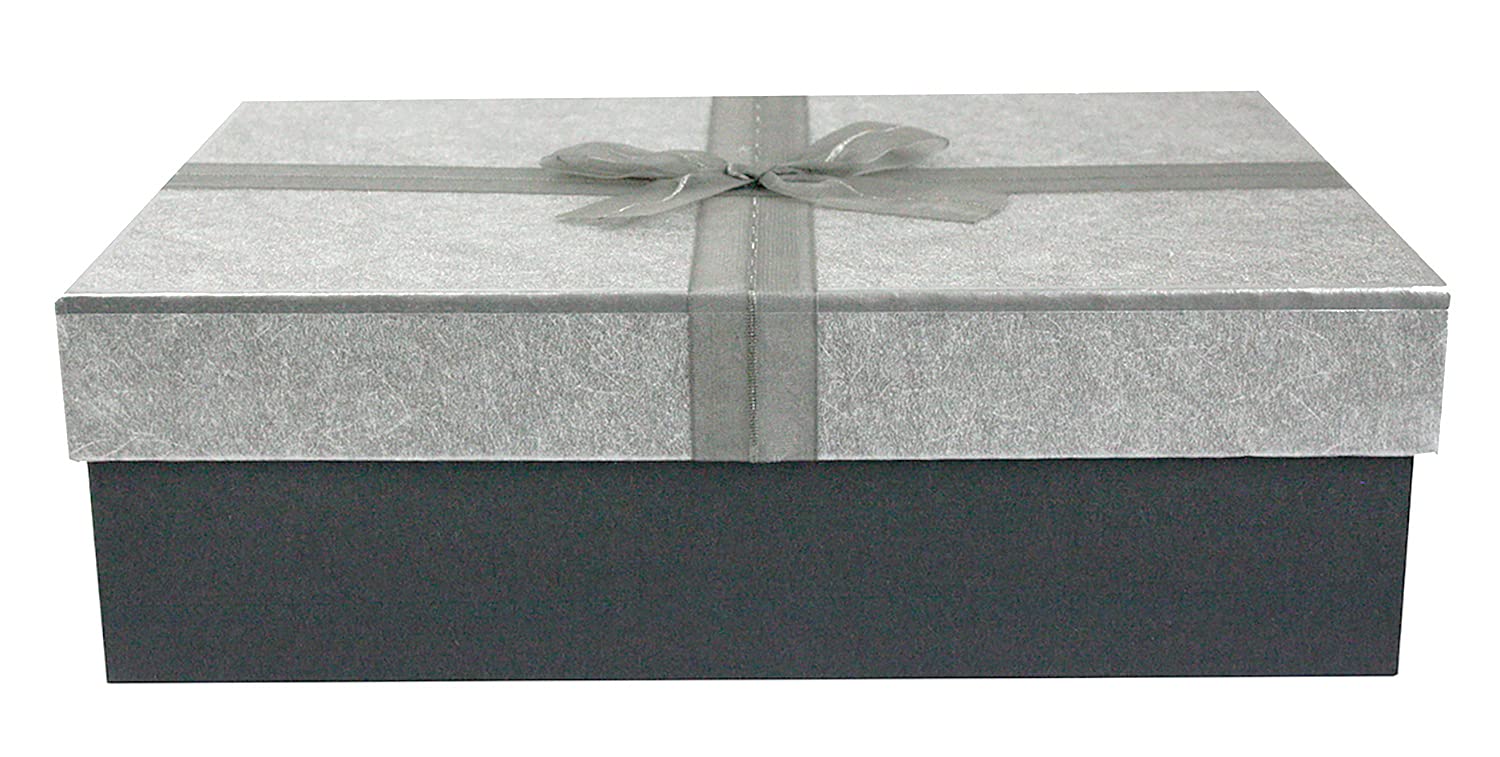 Emartbuy Set of 3 Rigid Gift Boxes, Dark Grey Box with Silver Lid, Grey Fabric Decorative Ribbon and 200g Shredded Paper in Black