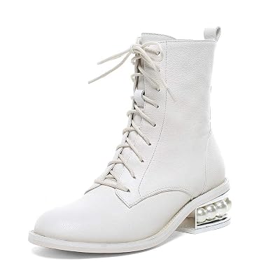 Nine Seven Womens Genuine Leather Handmade Round Toe Lace Up Side Zip Mid Chunky Heel with Pearl Ankle Martin Boots