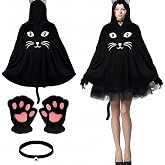 Yearntown 3 Pcs Black Cat Costume Halloween Hooded Poncho Gloves Collar | Adult Cosplay Set with Pink Pad Paw Gloves and Bell Accessory, One Size Fits Most, Ready for Themed Parties and Dress Up