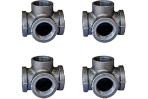 PRIM PIPEWORKS 3/4" 4-WAY TEE: Industrial Threaded Black Iron Pipe Fittings; Natural - raw metal fittings without surface coat; for Decorative DIY Shelving, Rustic Furniture, Modern Farmhouse Decor (8 Pack)