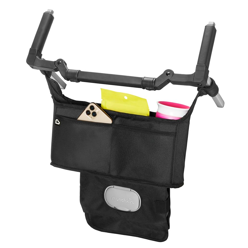 Munchkin Pram Organiser | Pushchair Organiser with 2 Cup Holders Wipes Case and Large Pocket for Baby and Newborn Essentials | Universal Fit for Pushchairs, Strollers or Prams | Black