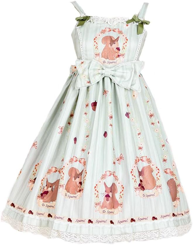 BLESSIWomen's Sweet High Waist Squirrel Printing JSK Lace Bow Lolita Dress