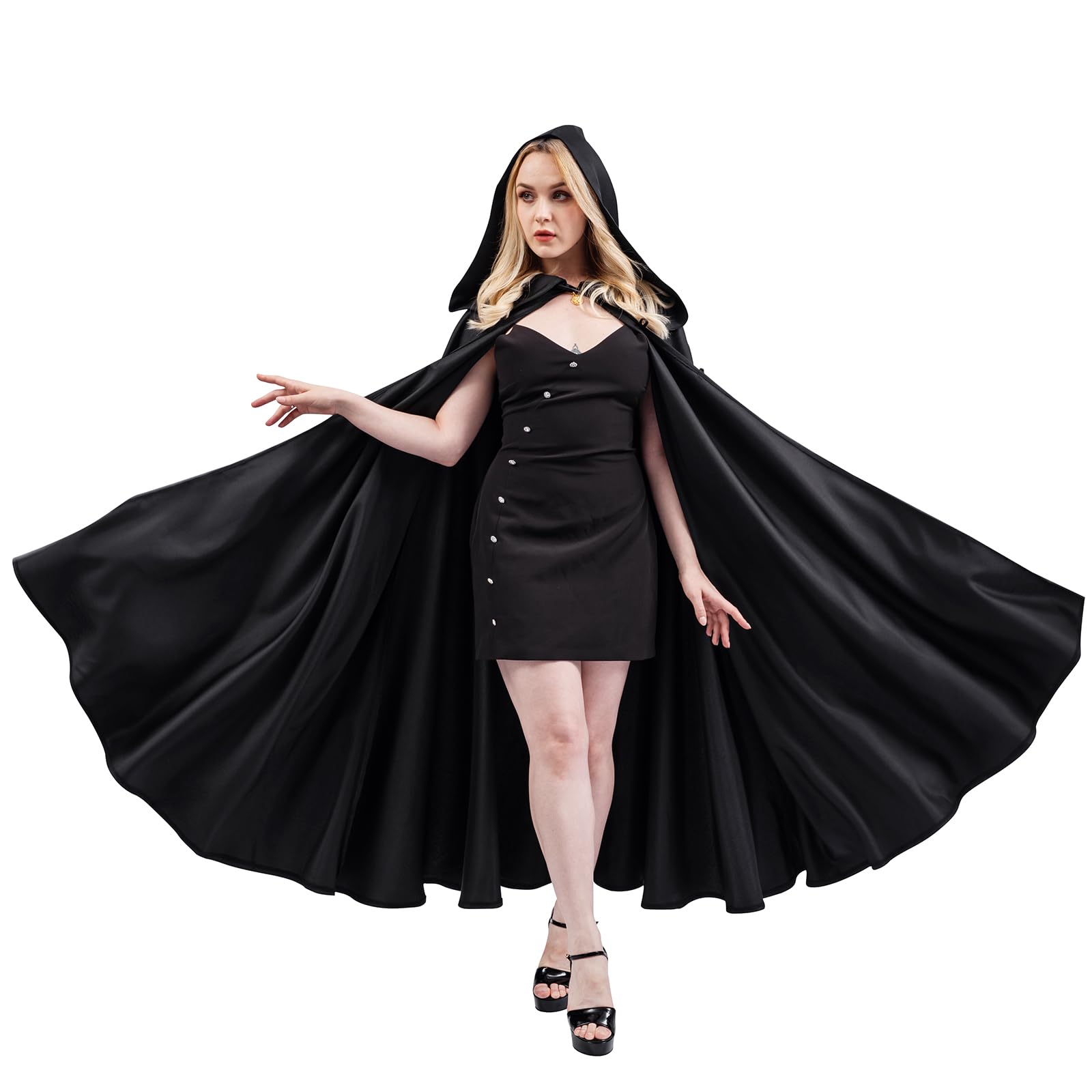 MiiDD Vampire Black Hooded Cape for Adults,Unisex Hooded Satin Cloak,Cape Robe Cloak Cosplay Vampire Costumes,Halloween Fancy Costumes for Kids Adult(Black,XL)
