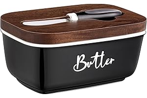 ALELION Black Butter Dish with Lid and Knife for Countertop - Airtight Ceramic Butter Keeper Container with Thick Acacia Wood Lid for Counter or Fridge - for Farmhouse Kitchen Decor and Accessories