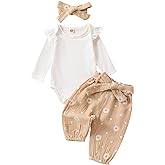 Kaipiclos Newborn Infant Girl Clothes Rib Knit Romper Daisy Print Pants Headband Baby Clothes for Girls 0 3 6 12 18 24 Months