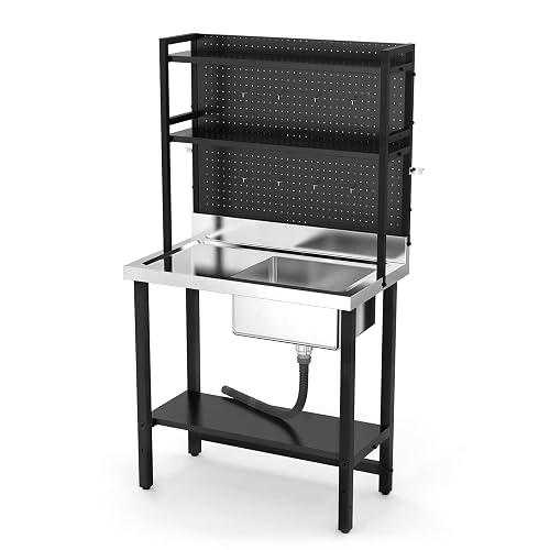 VINGLI 67 304 Stainless Steel Commercial Sink – Freestanding Utility Table With Drainboard, Adjustable Shelves & Pegboard