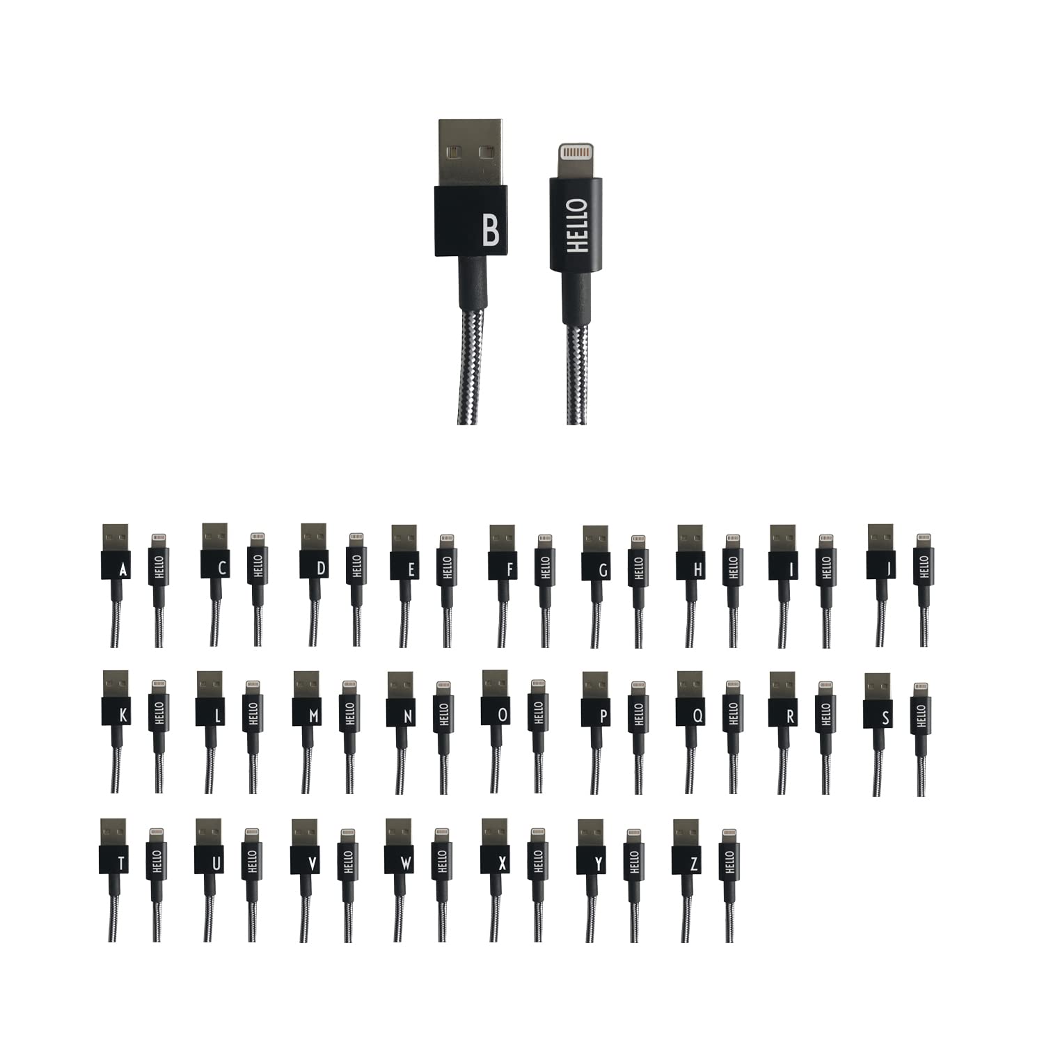 Design Letters MyCable Compatible for iPhone 1 Meter (A-Z) | USB C Cable CE Certified, RoHS & REACH Compliant | USB 2.0 Cable Type C Charger | Nylon braided USB C Charging Cable | Personal Cable Black