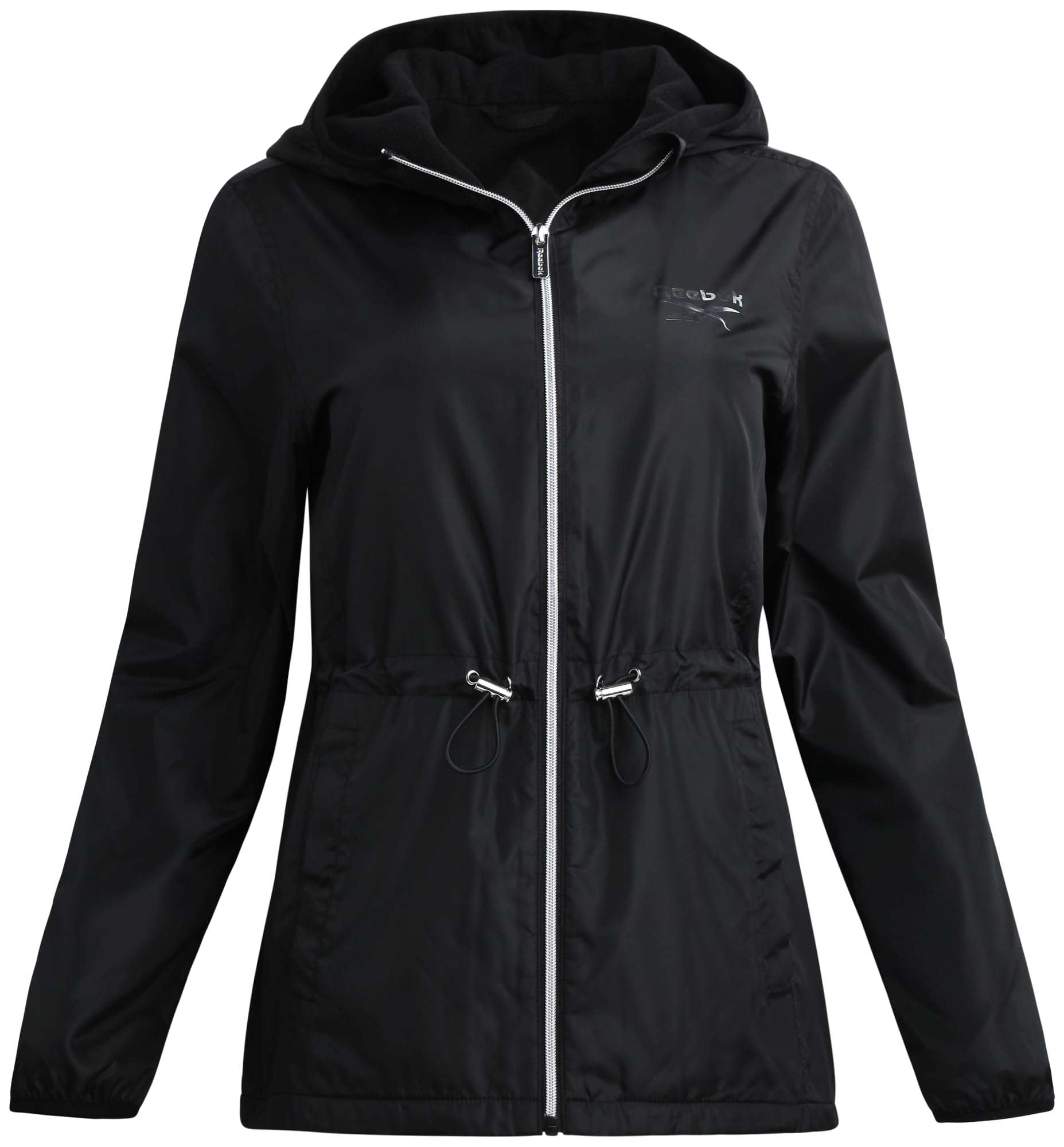 Photo 1 of Reebok Womens Windbreaker Jacket - Water Resistant Polar Fleece Windbreaker Jacket for Women with Hood & Cinch Waist Toggles, Size Large, Black Ink