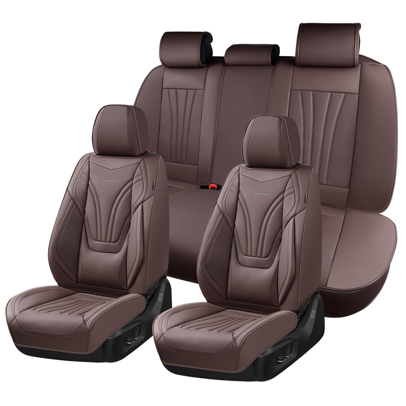 Coverado Car Seat Covers Full Set, 5 Piece Car Seat Protector with Lumbar Support & Removable Headrest, Breathable Leather Front Rear Seat Cushion Universal Fit for Truck Automotive Brown Image