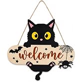 Halloween Welcome Sign, Black Cat Hanging Door Decor for Porch Wall Yard | Cute black cat Halloween sign with bat and spider web design, perfect for door, porch, wall, yard and fall party decor