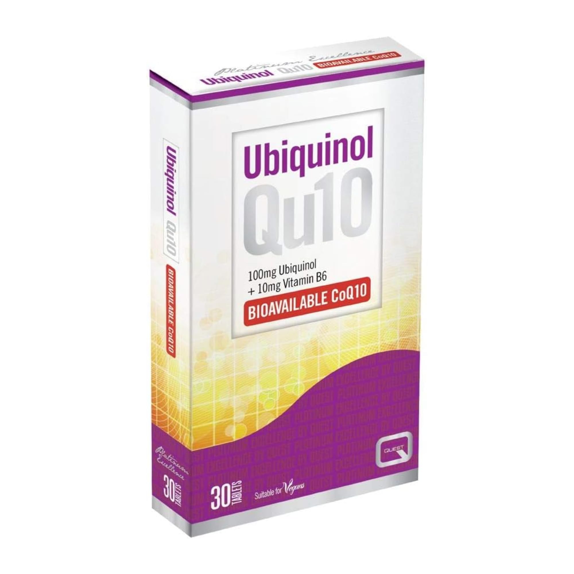 Quest Ubiquinol Qu10 Tablets (Pack of 30) - 100mg CoQ10 + 10mg Vitamin B6 per Tablet. High Strength Q10 Supplements to Reduce Fatigue, Tiredness & Increase Energy Levels. Suitable for Vegans.