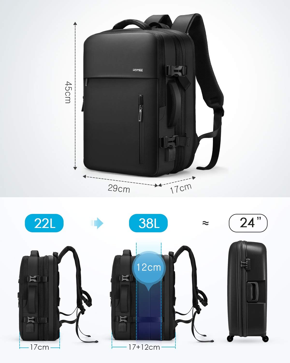 HOMIEE Easyjet Cabin Bags 22-40L Expandable Travel Backpack 45x30x17 Underseat Carry On Backpack Flight Approved Hand Luggage Suitcase 15.6 Inch Laptop Rucksack Casual Daypack School Bag Black - Image 3