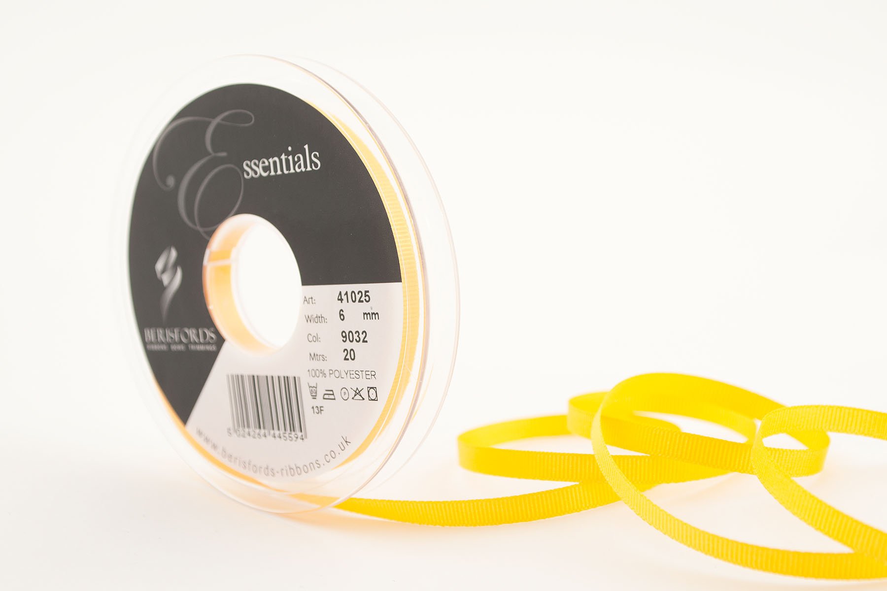 Berisfords 41025 20 m x 6 mm Polyester Grosgrain Ribbon, Yellow — image 1