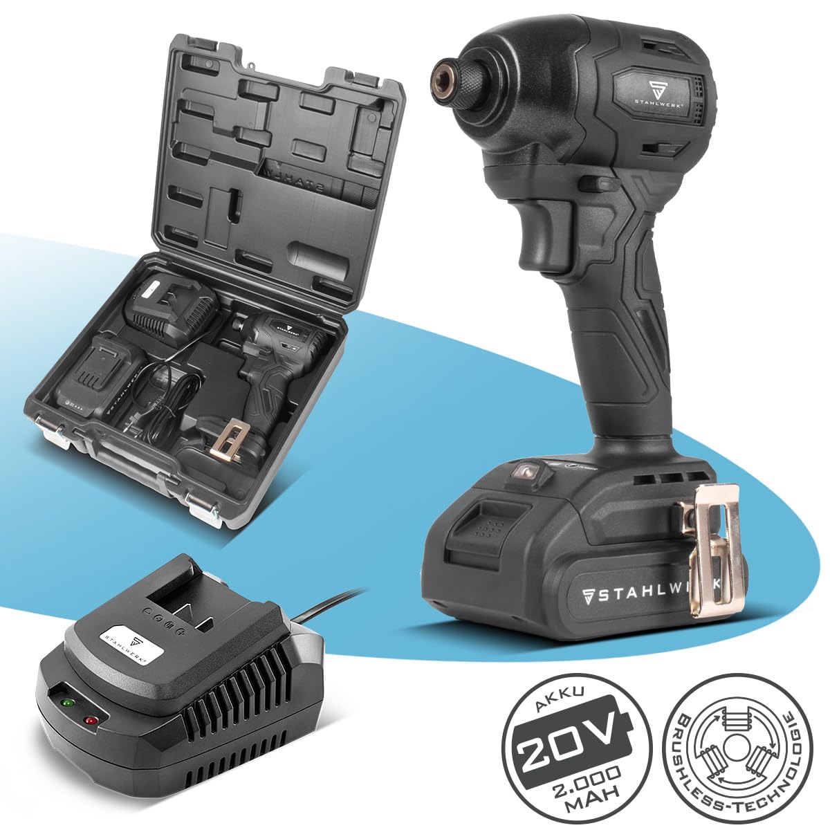 STAHLWERK Akku-Drehschlagschrauber (ADS-190 ST) – 20 V, 190 Nm, ¼ Zoll-Schnellwechsel-Bit-Aufnahme für langen Holz- & Terrassenbau (Holz- & Metallschrauben), Brushless-Technologie, Akkus & Ladegerät 2