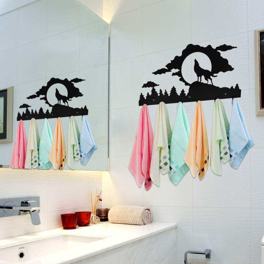 Wall Mounted Coat Rack,Kathy Metal Towel Hook Rack Moon Cloud Animal Wolf Hanger for Bathrooms Kitchen Door Hanging Key Robe Belt Bag Umbrella-6 Hooks,Black
