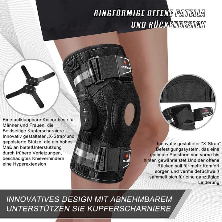 Rodillera profesional NEENCA para el dolor de rodilla, soporte ajustable con bisagras y estabilizadores laterales extraíbles, gran estabilidad para aliviar el dolor articular, artritis, desgarro de menisco, ligamento cruzado anterior (LCA), ligamento cruzado posterior (LCP), corredores y deportistas (HX043-MX, Small) (Negro, Medium)