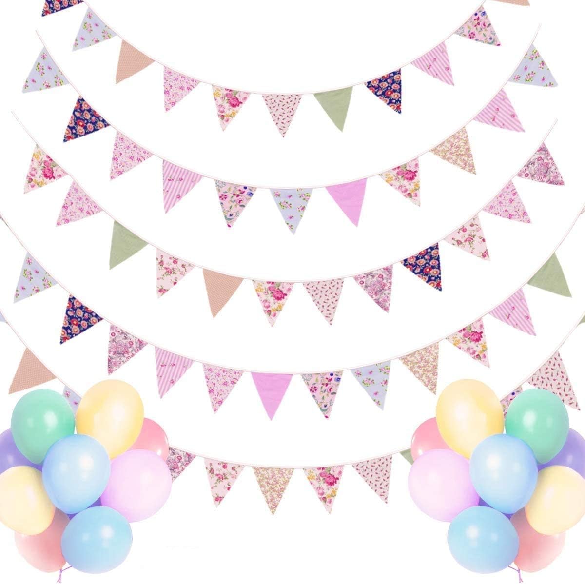 Alintor 45.9ft Bunting + Balloons, 46Pcs Floral Vintage Bunting, Reusable Bunting Flags for Birthday Party, Garden