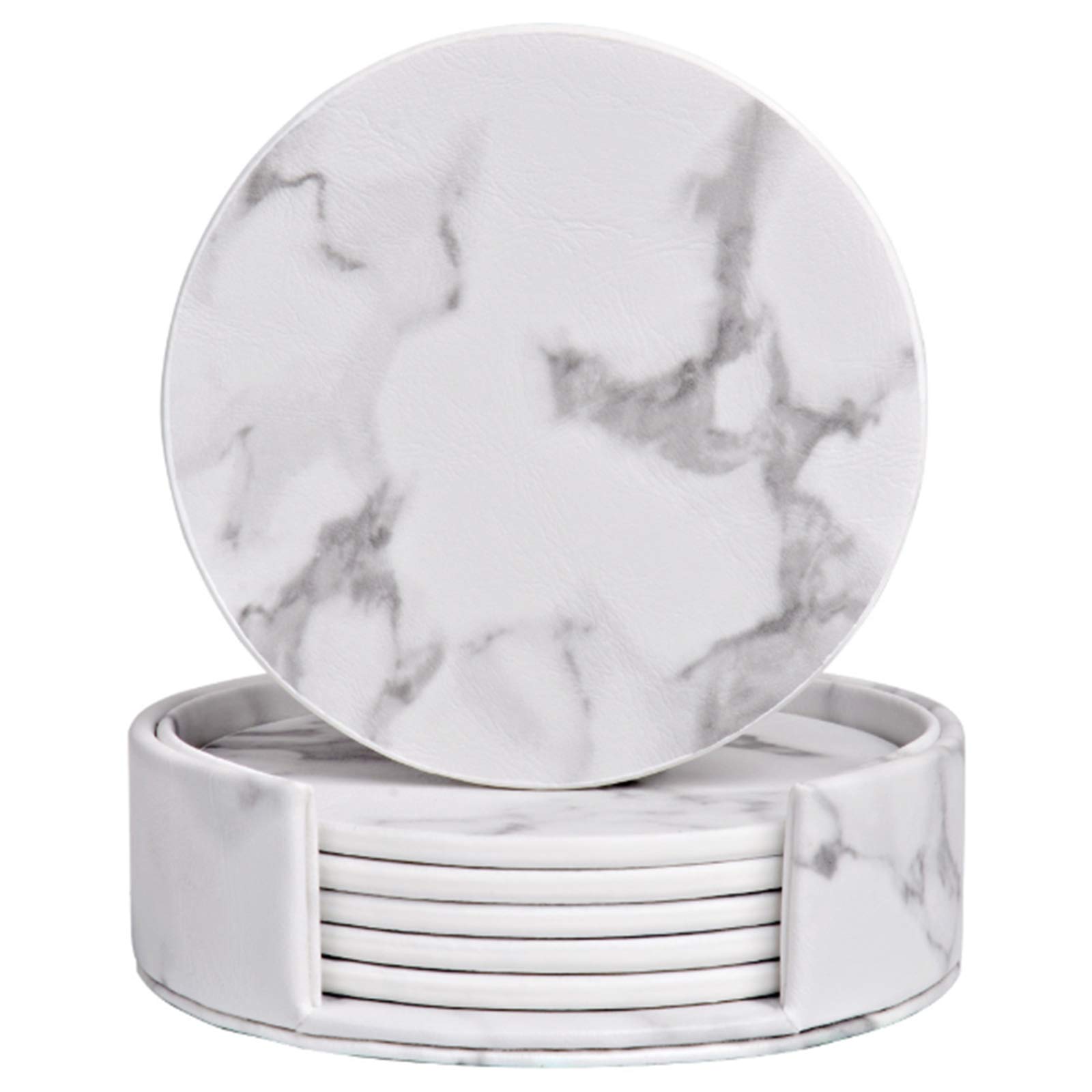 Leather Coasters for Drinks with Holder Set of 6,Coffee Mats Protect Furniture from Hot or Cold Water Marks & Damage, PU Leather Drink Coasters Suitable for Kinds of Mugs and Cups (White Marbling)