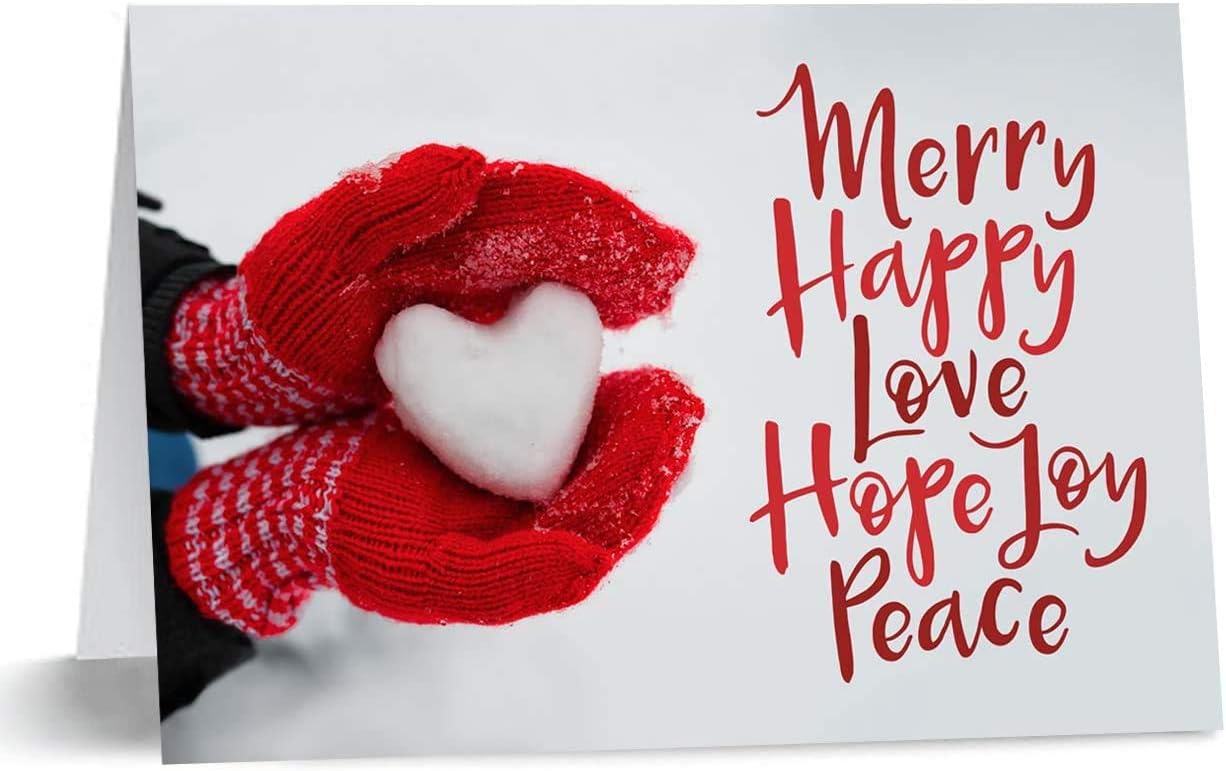 Red Mittens Heart Holiday Christmas Card - Set of 25 cards, 5'' x 7'' folded. Verse inside. Made in the USA. Blank white envelopes