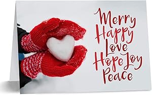 Red Mittens Heart Holiday Christmas Card - Set of 25 cards, 5'' x 7'' folded. Verse inside. Made in the USA. Blank white envelopes