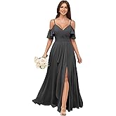wayfor Off Shoulder Chiffon Bridesmaid Dresses for Women Slit Pleated Ruffle Formal Evening Gowns with Pockets