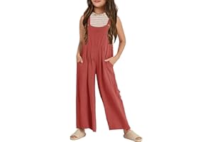 Haloumoning Girls Overalls Kids Casual Sleeveless Wide Leg Jumpsuit Loose Rompers with Pockets 5-14 Years