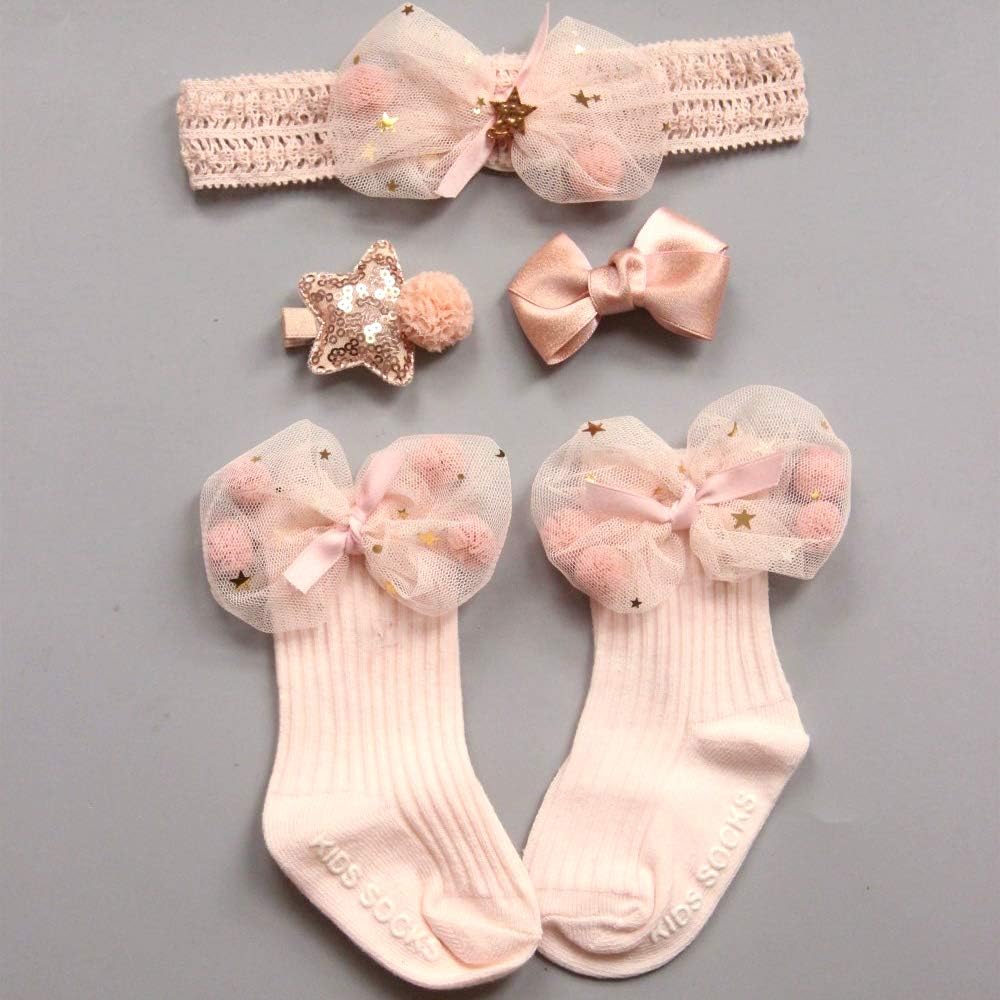 New Born Baby Girls Gifts 0 3 6 Months Newborn Head Bands Hair Clips Socks for Girls Bowknot Lace Star Barrettes Headbands Hairband Hair Accessories Gift Sets for New Babies Bands Gift Set- 5pcs 4608