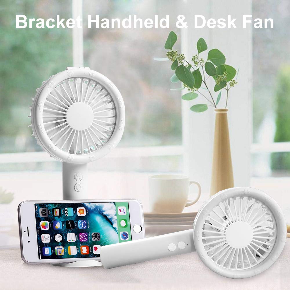 Mini Desk Fan Handheld Fan, Whisper Quiet Portable Personal USB Little Fan with Phone Holder, 7 Colourful LED Night Lights and Lamp, 1500mA Rechargeable Operated Battery, 3 Speeds Small Fan(White 08)