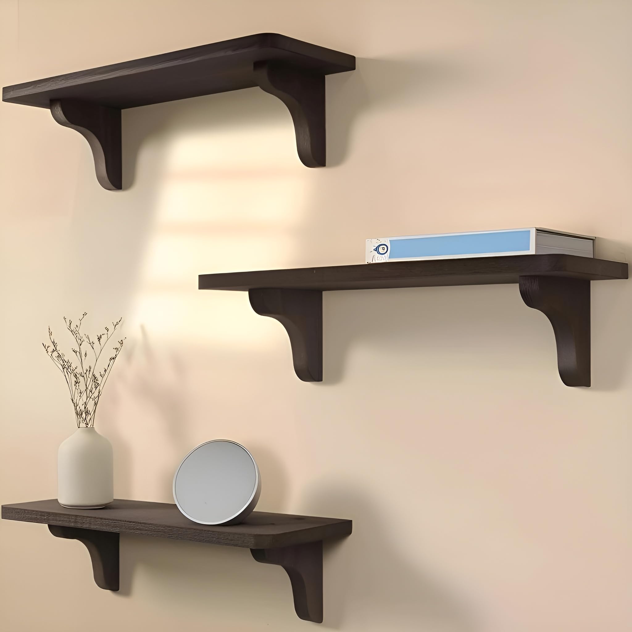 Photo 1 of Real Wood Dark Brown Shelf for Wall - 17 inch (3 Pack) - Easy to Install, Template and Video Included - Brown Wall Shelves, Dark Wood Shelves